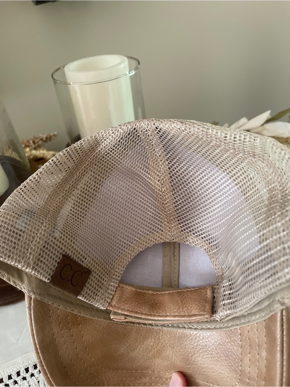 C.C. Exclusives Women's Tan Light Brown Leather Fall Mesh Back Baseball Cap Hat - Picture 3 of 6